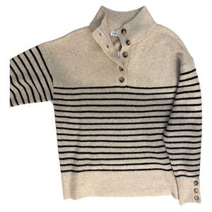 Zara High Collar Knit Sweater In Striped Tan - Size S, New with Tags